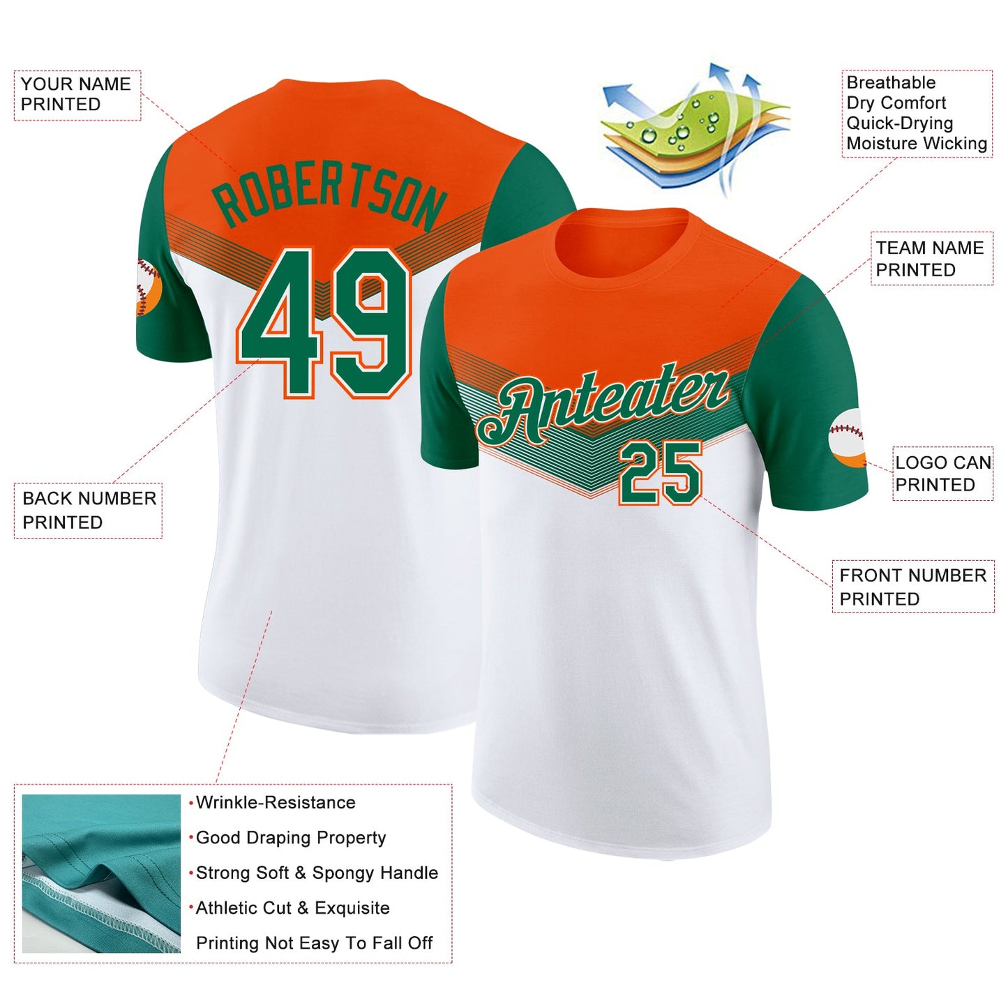 Custom Orange Kelly Green-White Geometric V-Lines Color Block Performance T-Shirt view 2