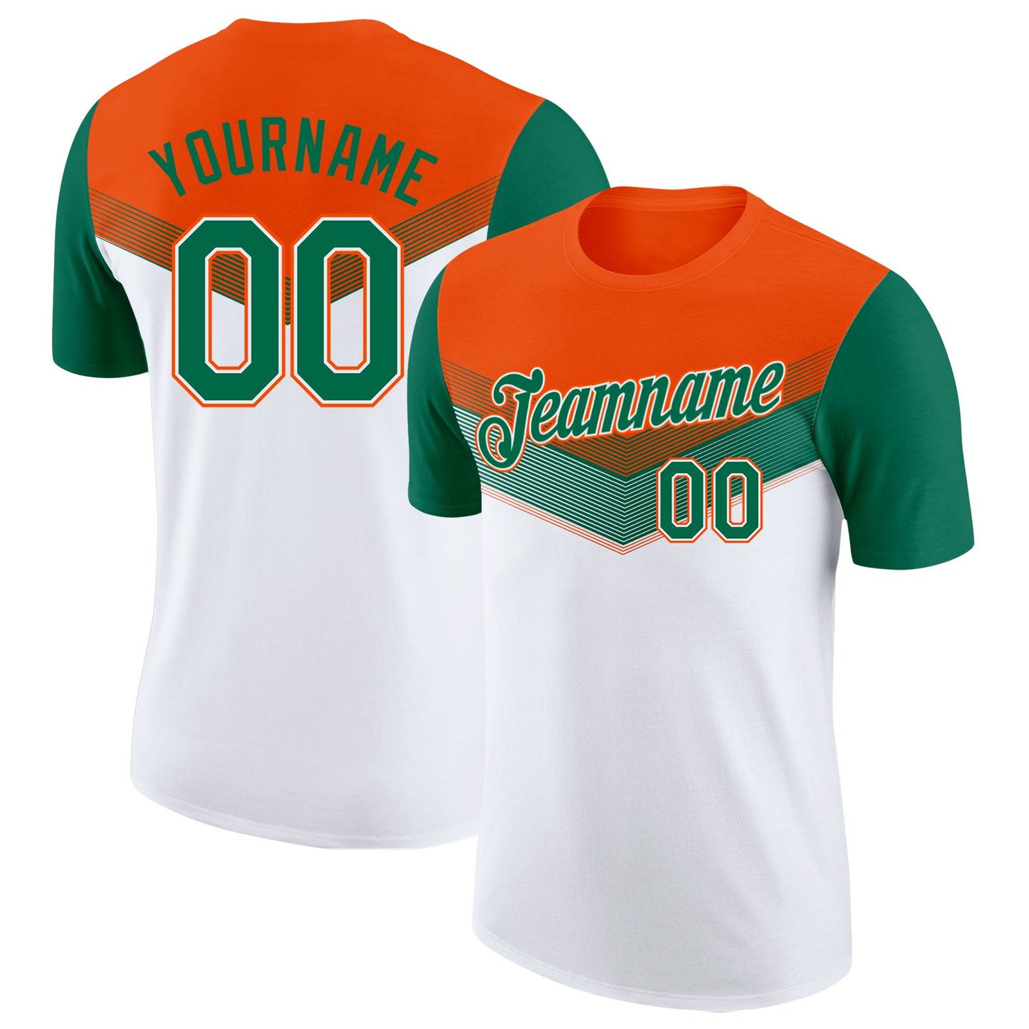 Custom Orange Kelly Green-White Geometric V-Lines Color Block Performance T-Shirt - Main View
