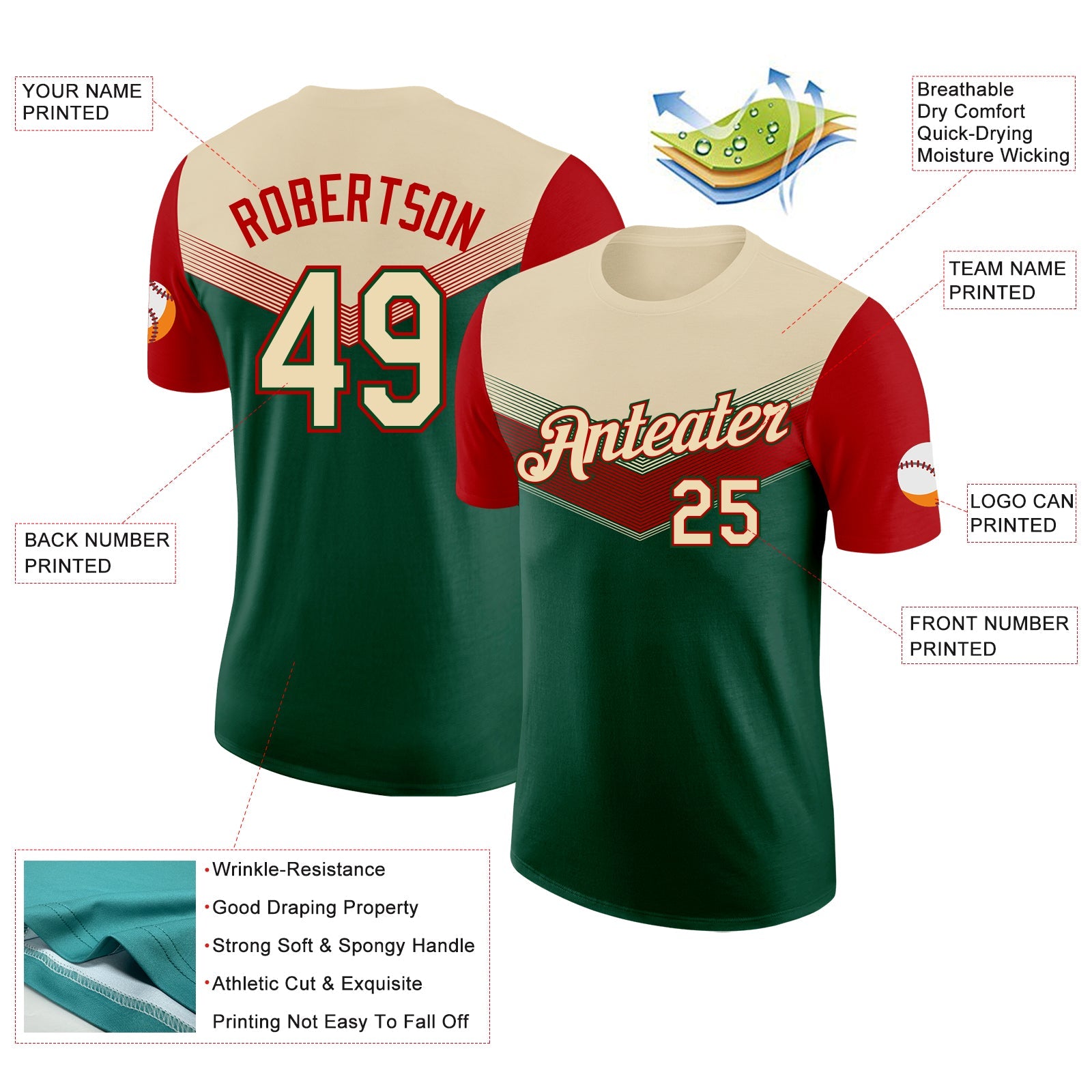 Custom Cream Green-Red Geometric V-Lines Color Block Performance T-Shirt view 2