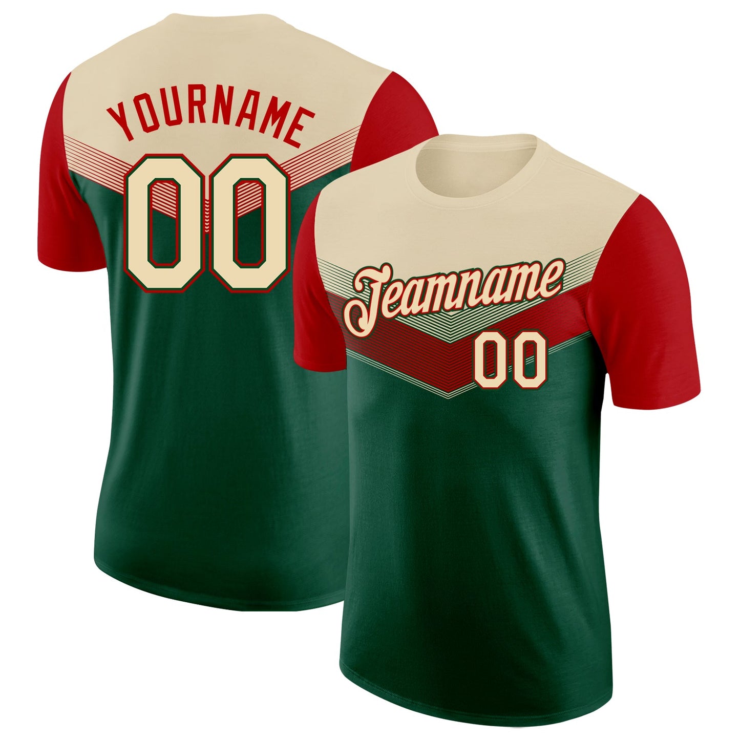 Custom Cream Green-Red Geometric V-Lines Color Block Performance T-Shirt - Main View