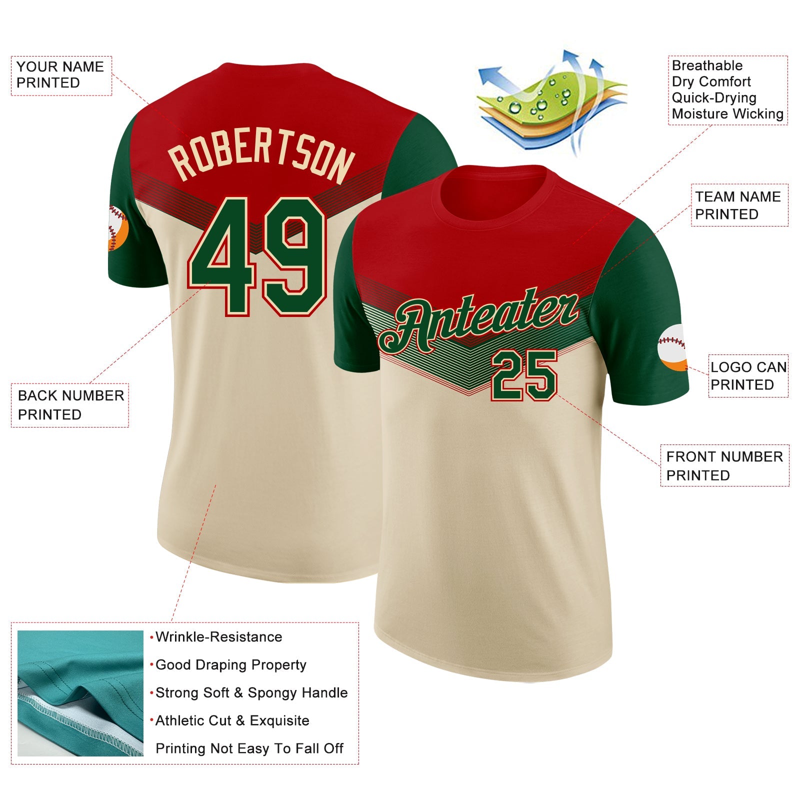 Custom Red Green-Cream Geometric V-Lines Color Block Performance T-Shirt view 2