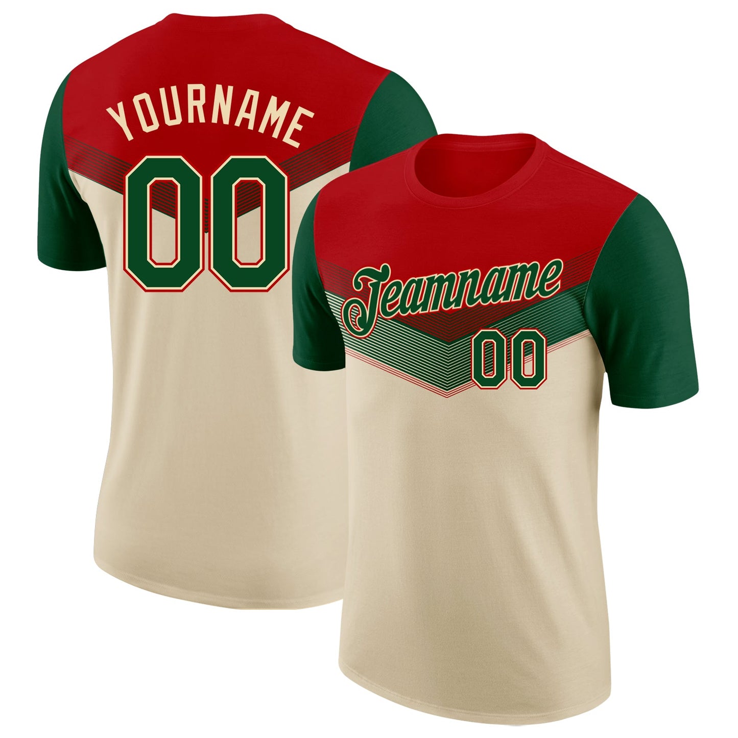 Custom Red Green-Cream Geometric V-Lines Color Block Performance T-Shirt - Main View