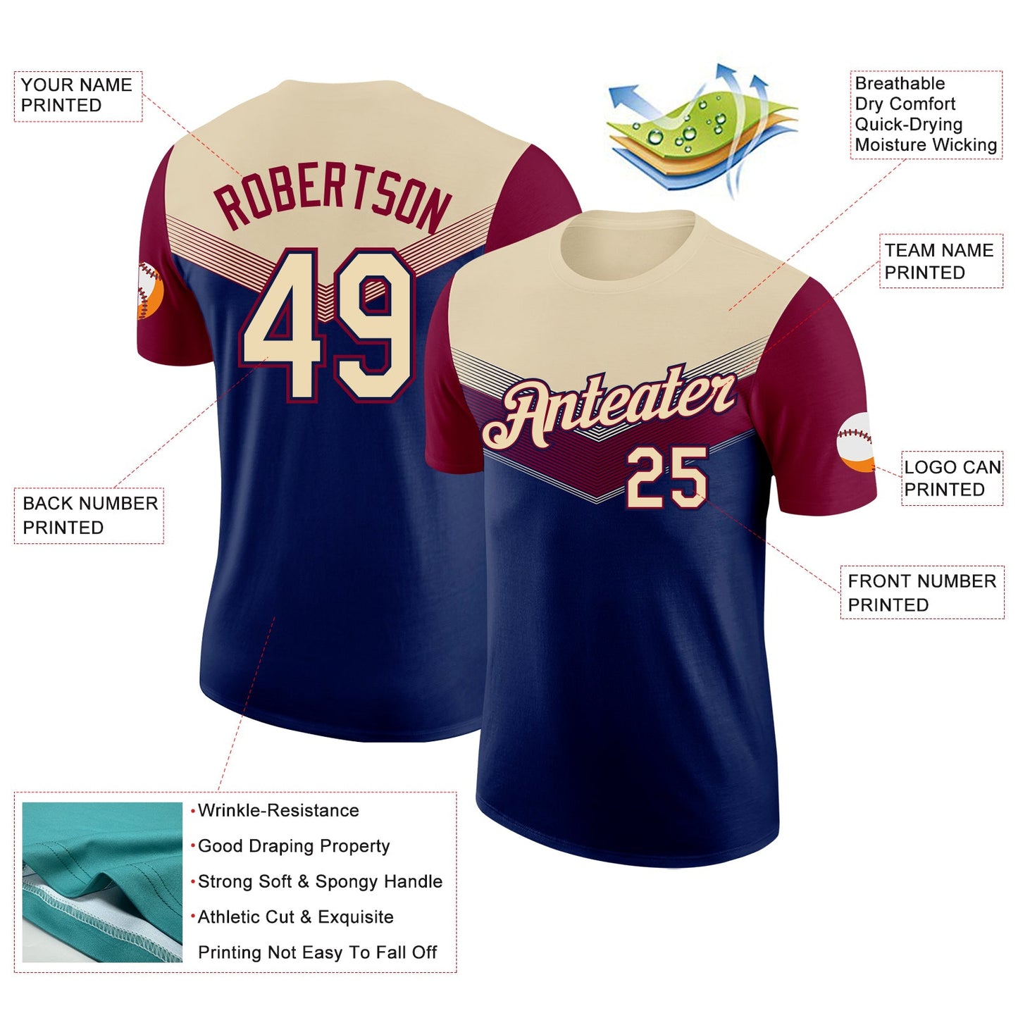 Custom Cream Navy-Maroon Geometric V-Lines Color Block Performance T-Shirt view 2