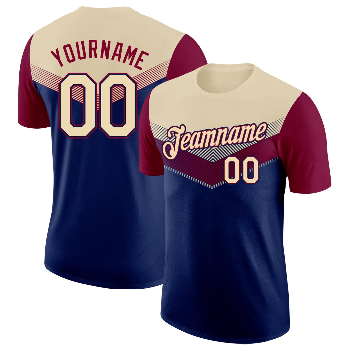 Custom Cream Navy-Maroon Geometric V-Lines Color Block Performance T-Shirt - Main View