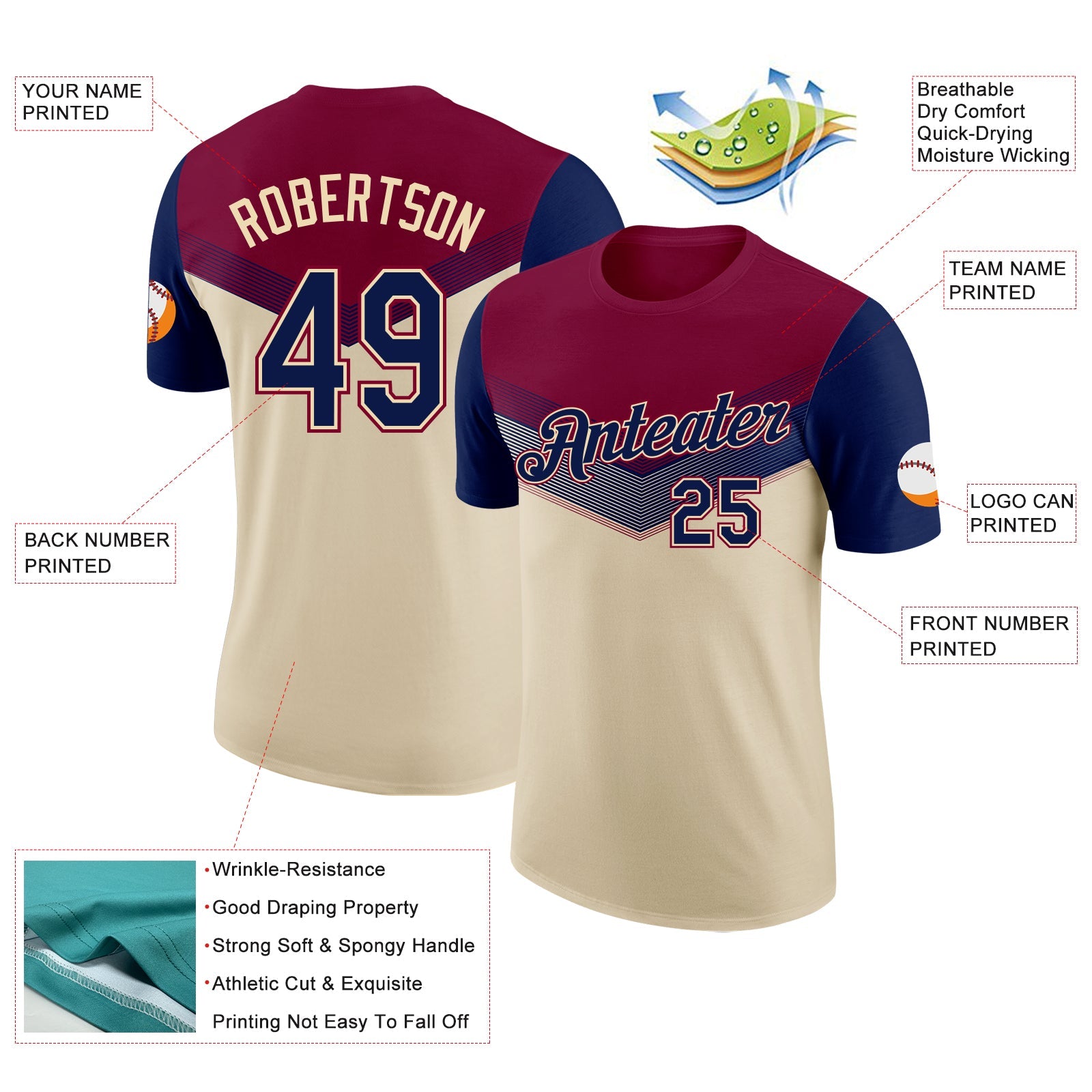 Custom Maroon Navy-Cream Geometric V-Lines Color Block Performance T-Shirt view 2