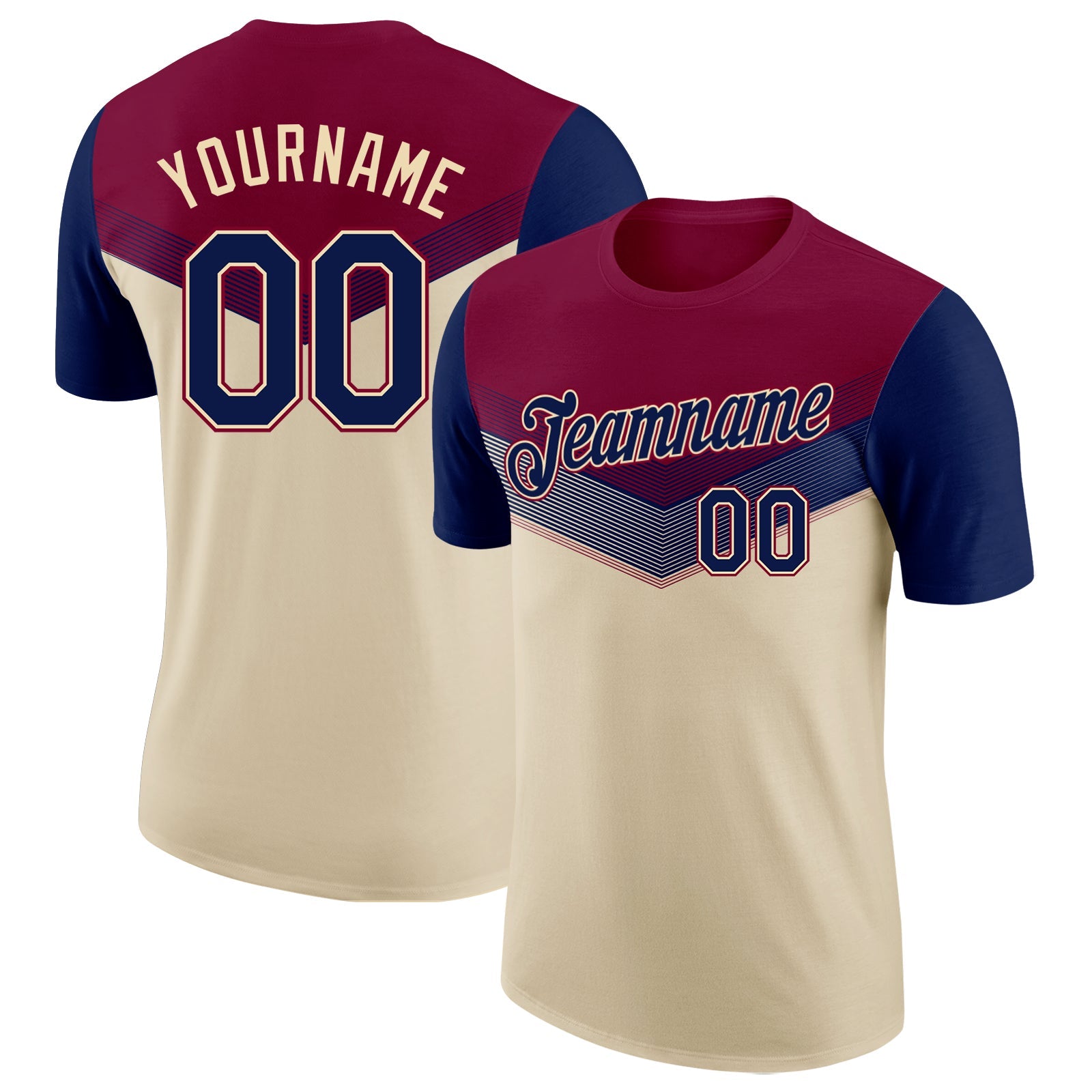 Custom Maroon Navy-Cream Geometric V-Lines Color Block Performance T-Shirt - Main View