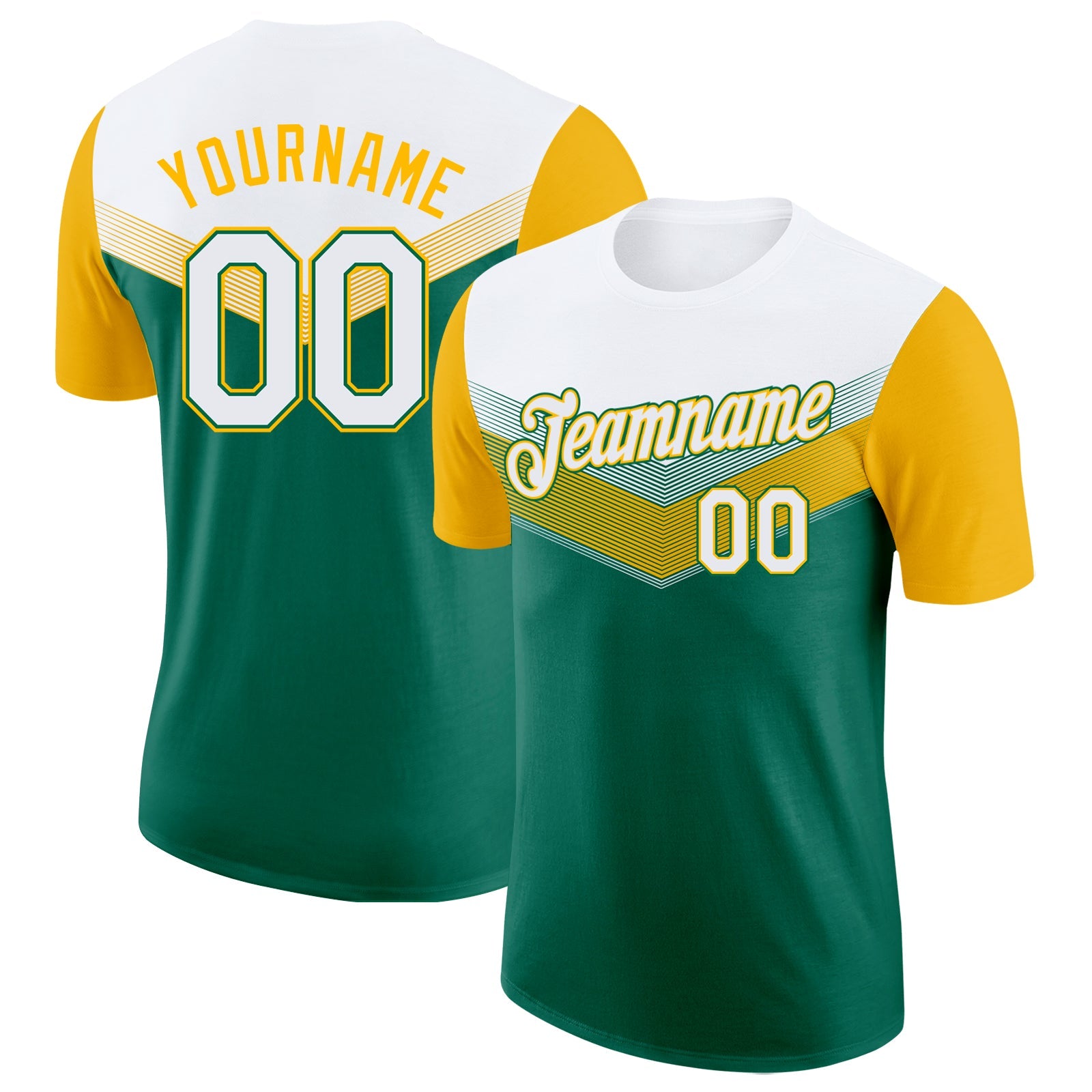Custom White Kelly Green-Gold Geometric V-Lines Color Block Performance T-Shirt - Main View