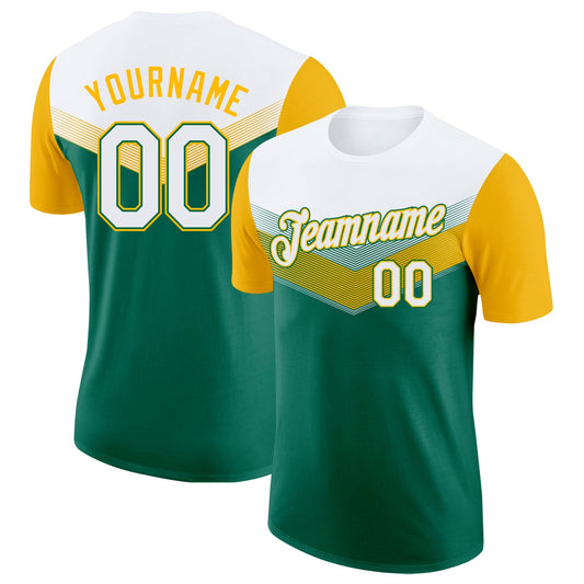 Custom White Kelly Green-Gold Geometric V-Lines Color Block Performance T-Shirt - Main View