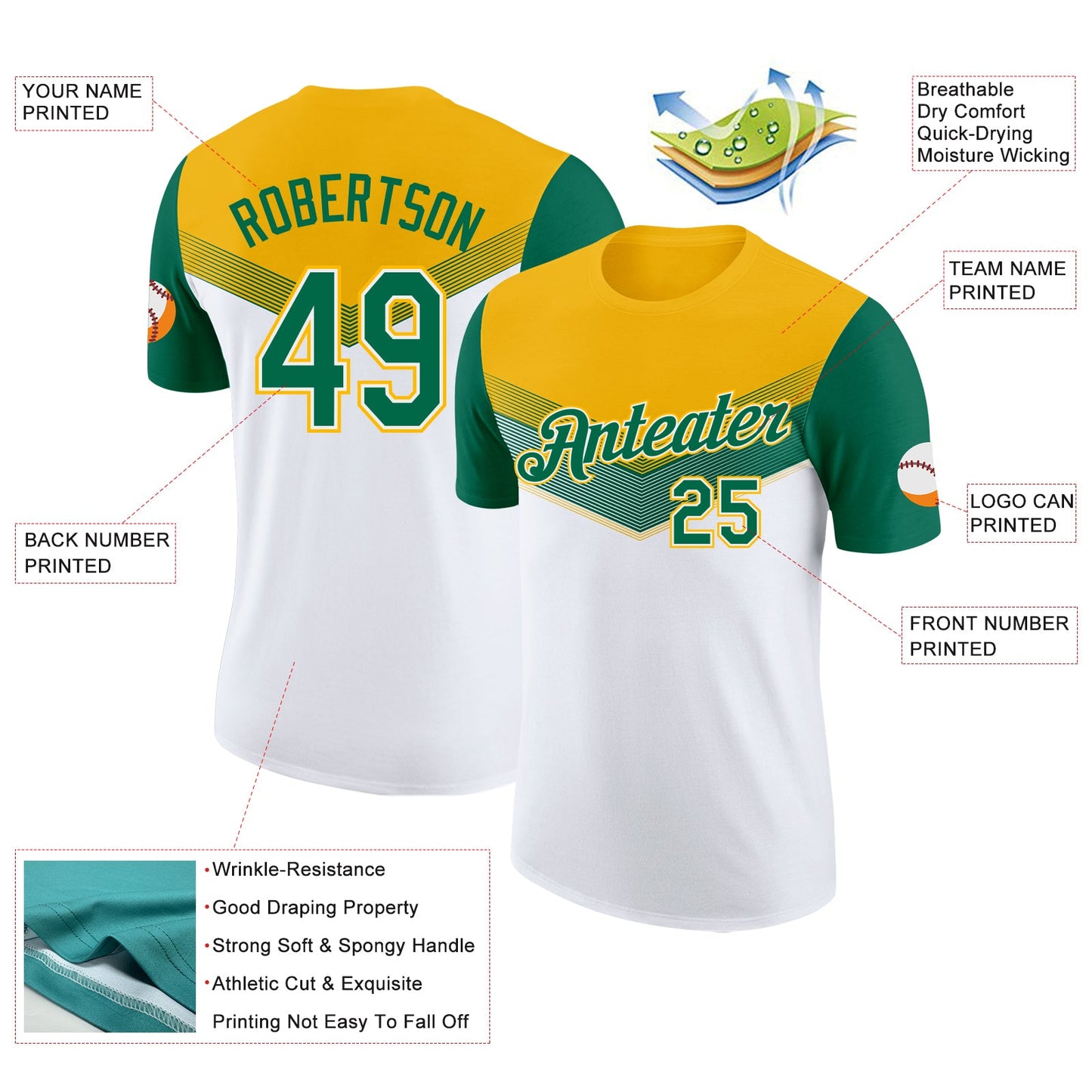 Custom Gold Kelly Green-White Geometric V-Lines Color Block Performance T-Shirt view 2