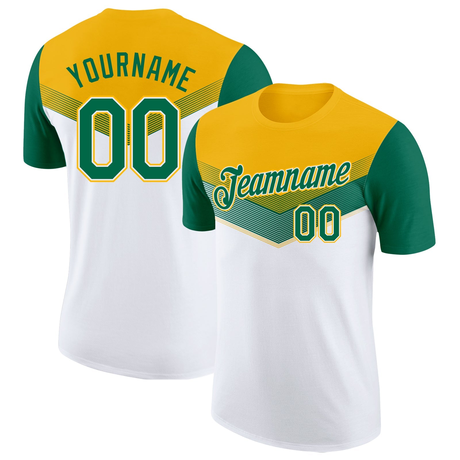 Custom Gold Kelly Green-White Geometric V-Lines Color Block Performance T-Shirt - Main View