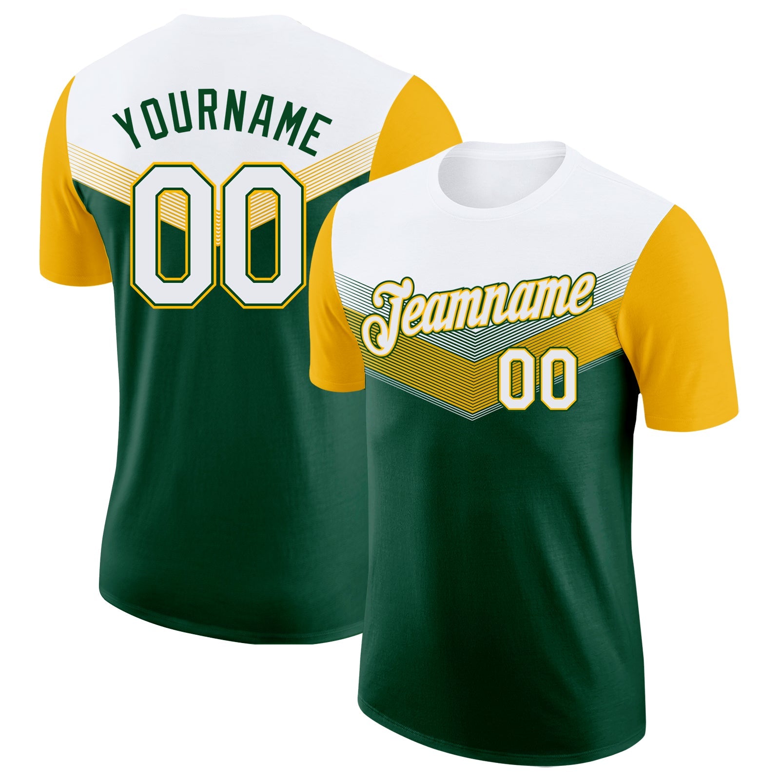 Custom White Green-Gold Geometric V-Lines Color Block Performance T-Shirt - Main View
