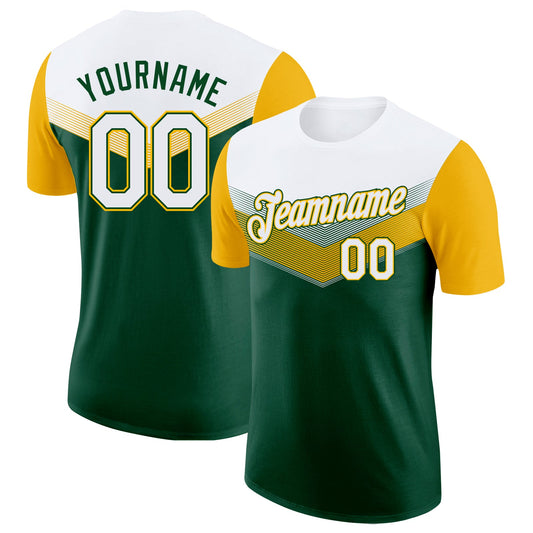 Custom White Green-Gold Geometric V-Lines Color Block Performance T-Shirt - Main View
