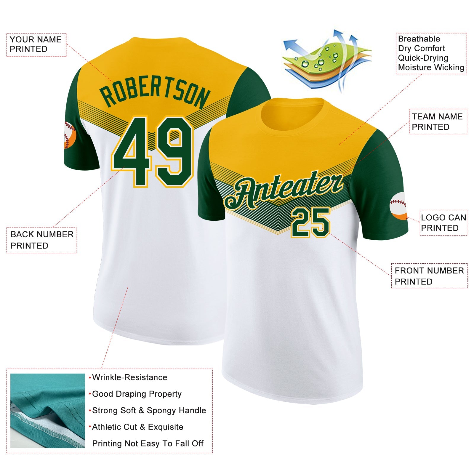 Custom Gold Green-White Geometric V-Lines Color Block Performance T-Shirt view 2