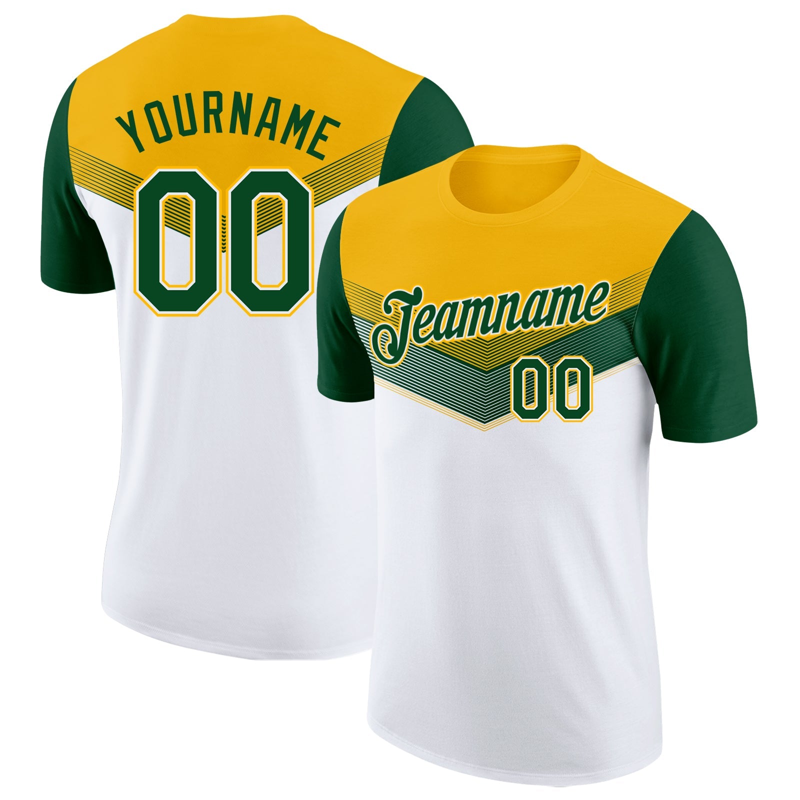 Custom Gold Green-White Geometric V-Lines Color Block Performance T-Shirt - Main View