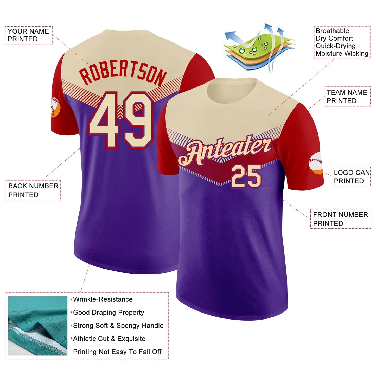 Custom Cream Purple-Red Geometric V-Lines Color Block Performance T-Shirt view 2