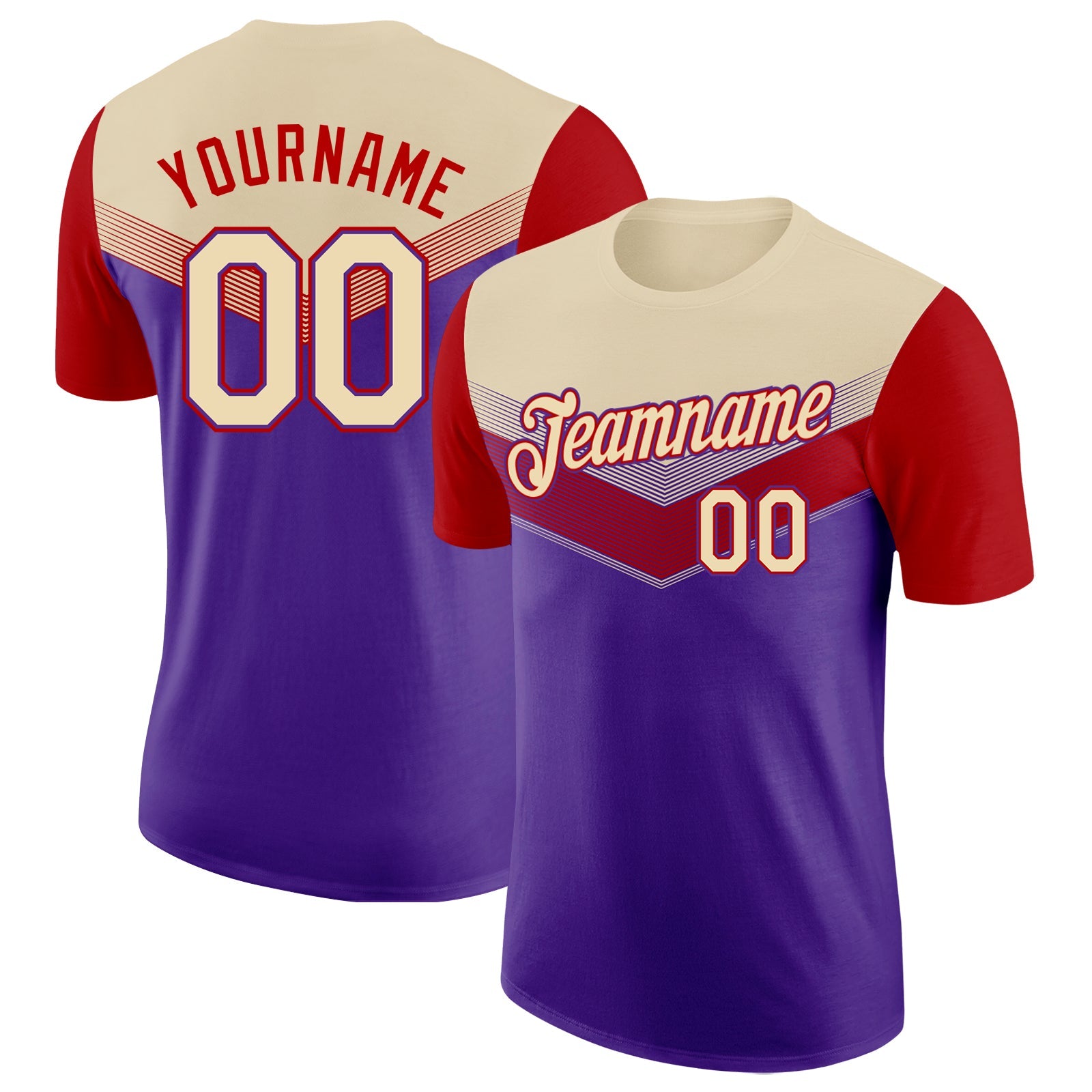 Custom Cream Purple-Red Geometric V-Lines Color Block Performance T-Shirt - Main View