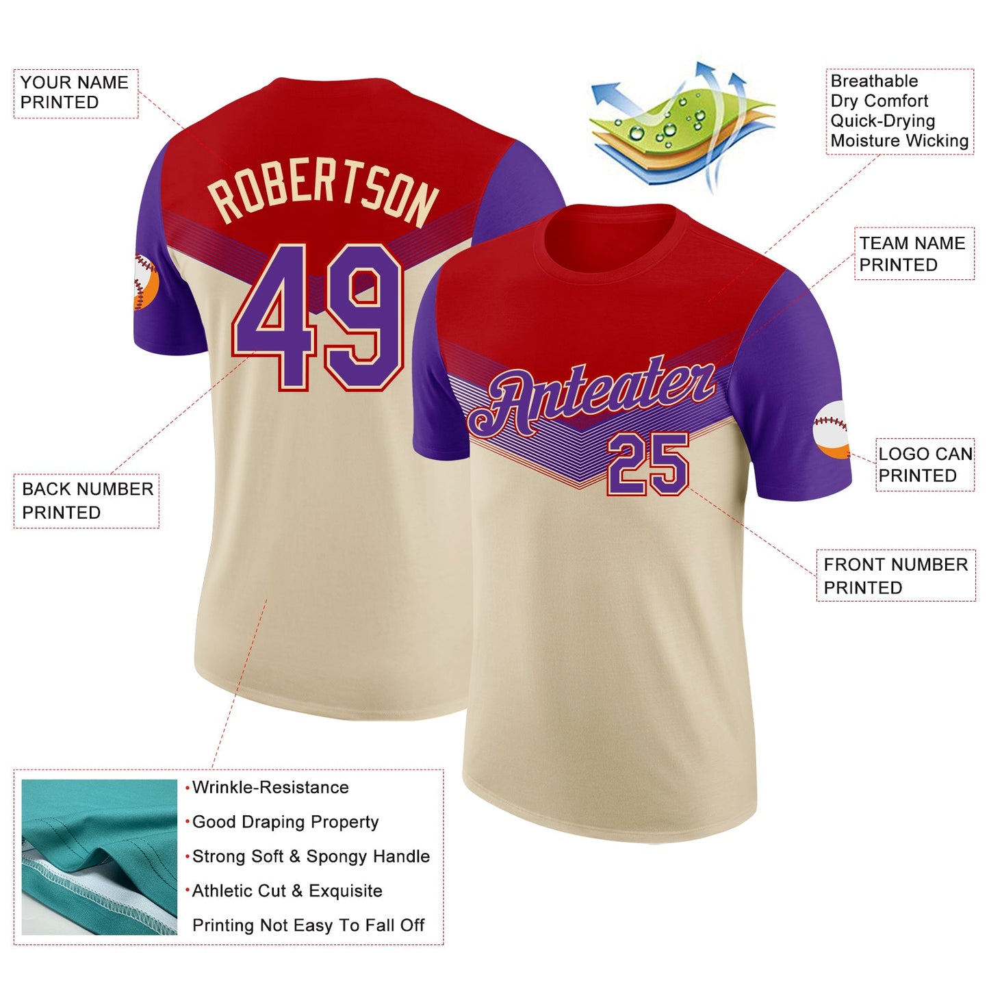 Custom Red Purple-Cream Geometric V-Lines Color Block Performance T-Shirt view 2