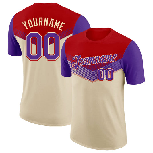 Custom Red Purple-Cream Geometric V-Lines Color Block Performance T-Shirt - Main View