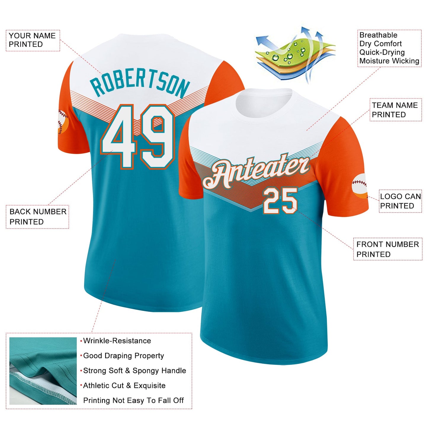 Custom White Teal-Orange Geometric V-Lines Color Block Performance T-Shirt view 2