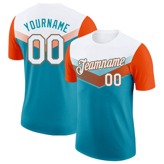 Custom White Teal-Orange Geometric V-Lines Color Block Performance T-Shirt - Main View
