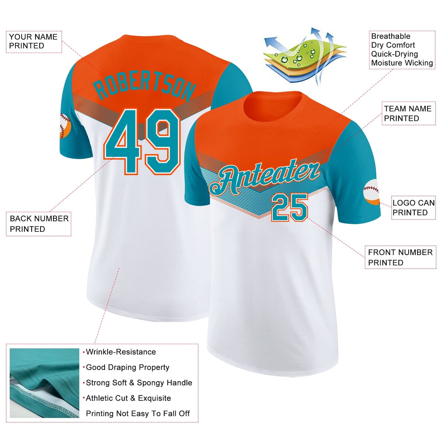 Custom Orange Teal-White Geometric V-Lines Color Block Performance T-Shirt view 2
