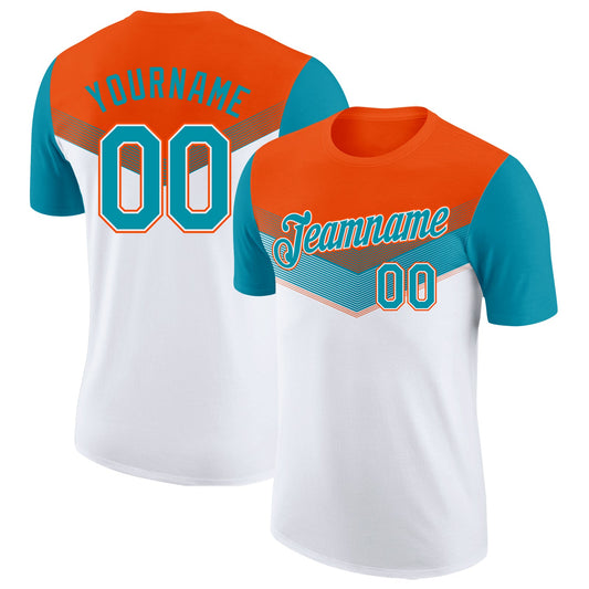 Custom Orange Teal-White Geometric V-Lines Color Block Performance T-Shirt - Main View