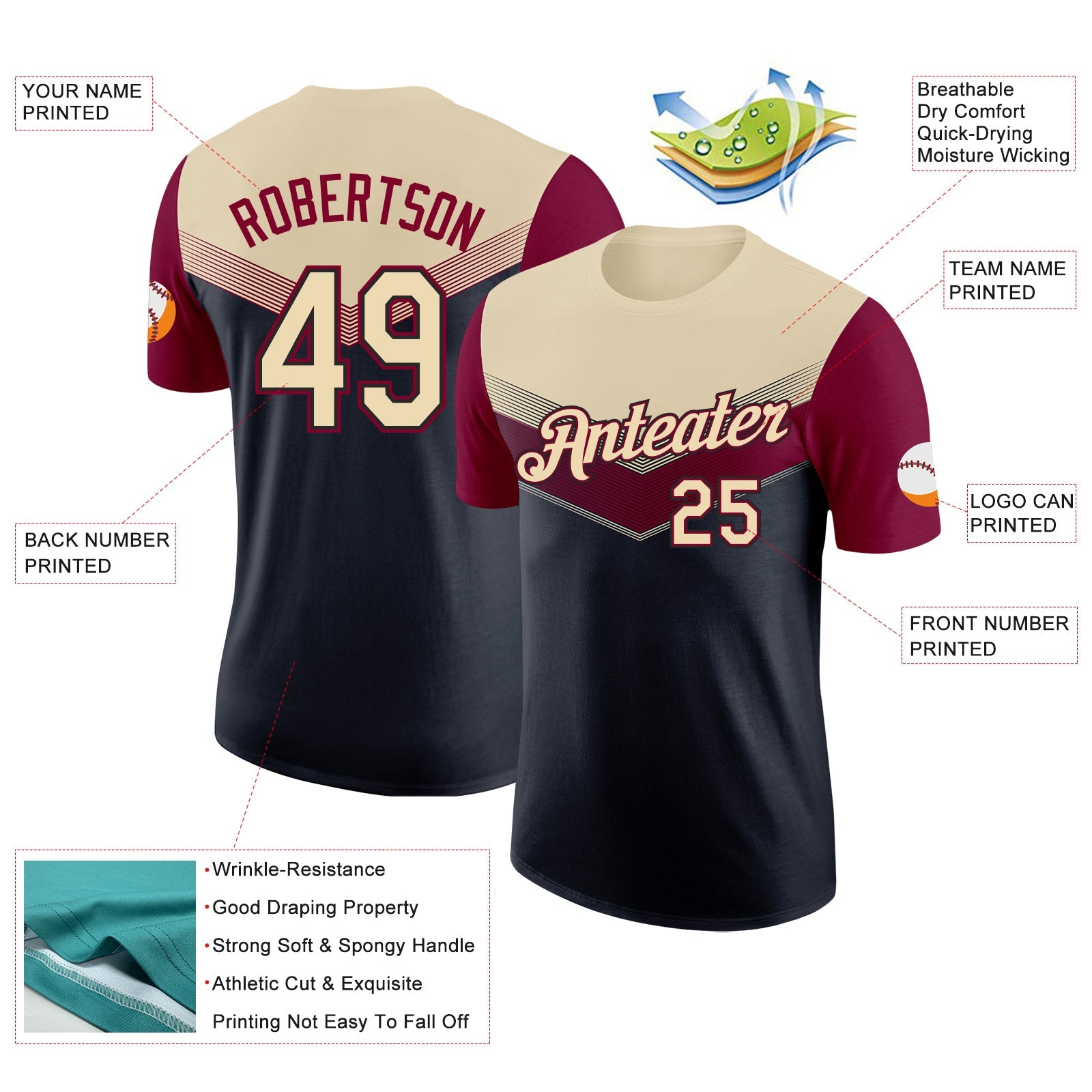 Custom Cream Black-Maroon Geometric V-Lines Color Block Performance T-Shirt view 2