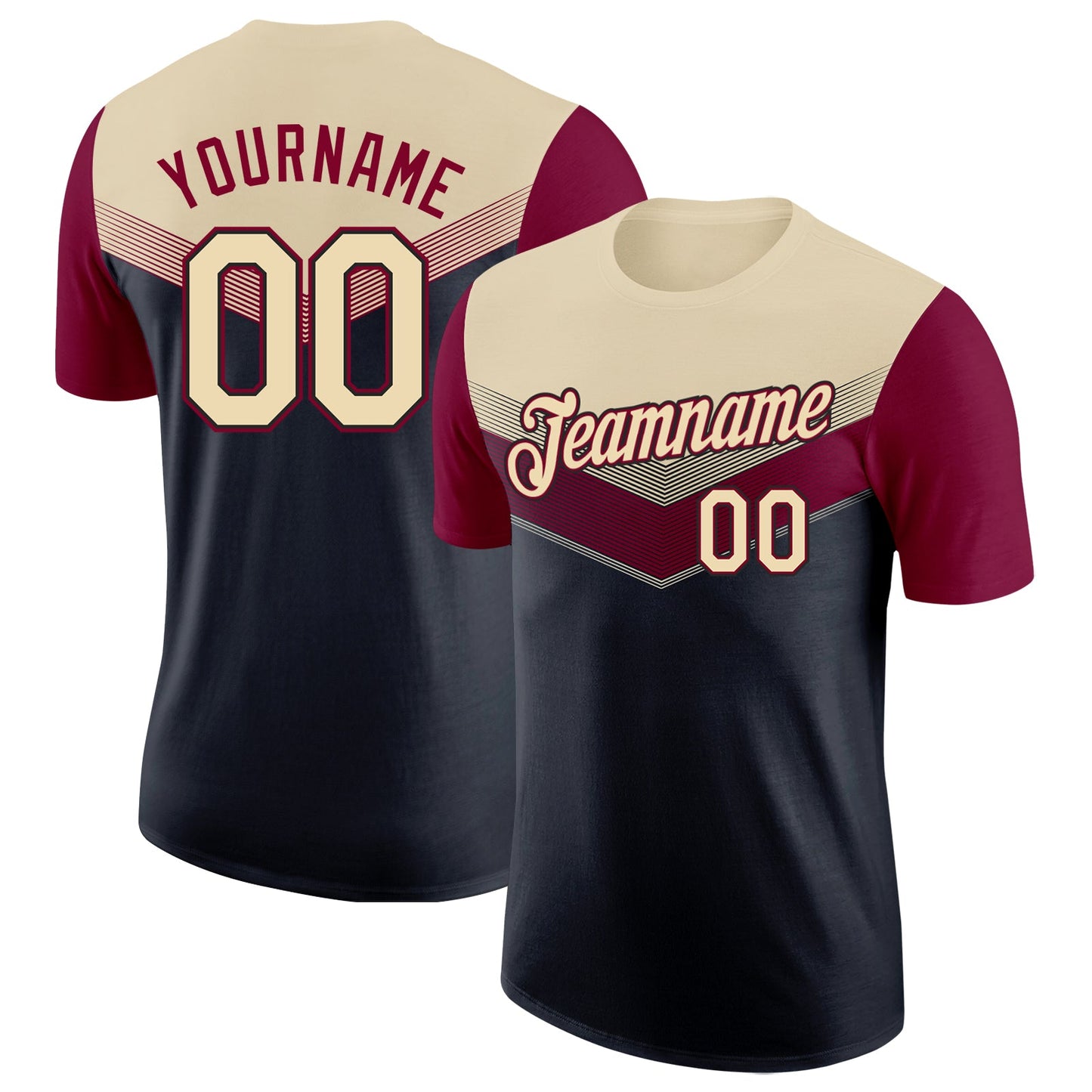 Custom Cream Black-Maroon Geometric V-Lines Color Block Performance T-Shirt - Main View