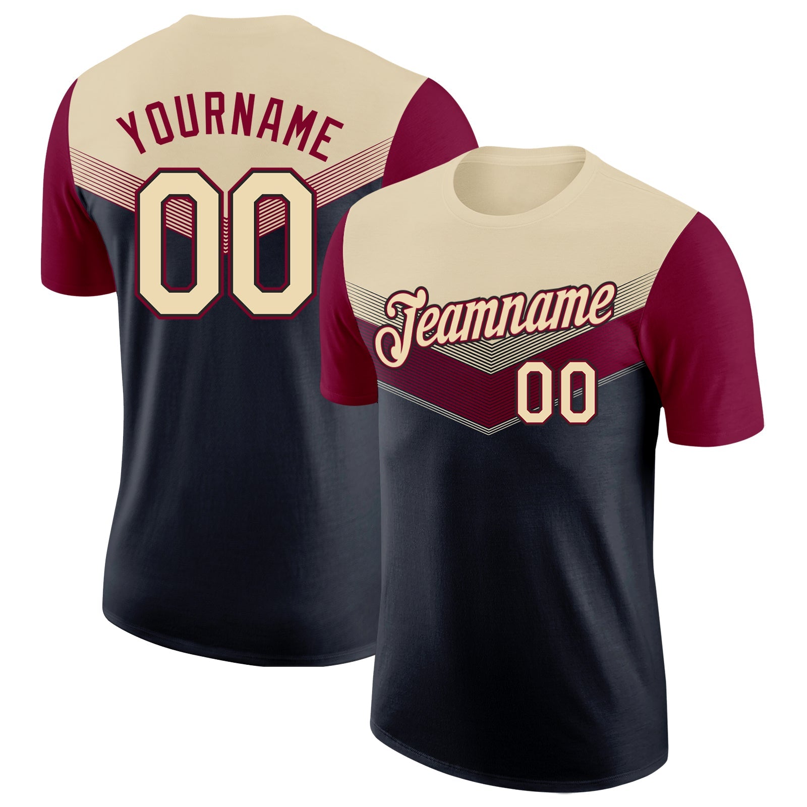 Custom Cream Black-Maroon Geometric V-Lines Color Block Performance T-Shirt - Main View