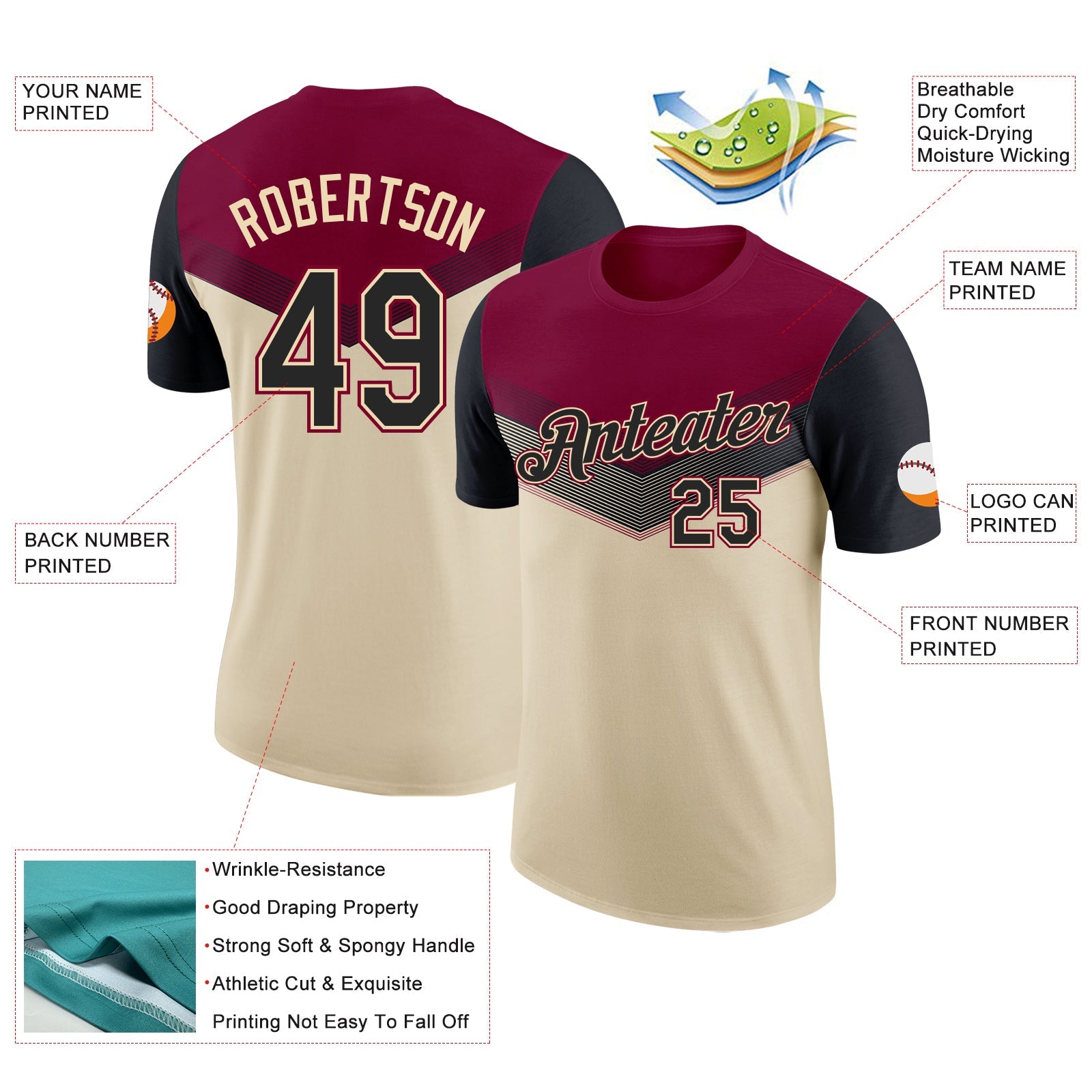 Custom Maroon Black-Cream Geometric V-Lines Color Block Performance T-Shirt view 2