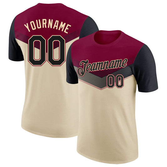 Custom Maroon Black-Cream Geometric V-Lines Color Block Performance T-Shirt - Main View