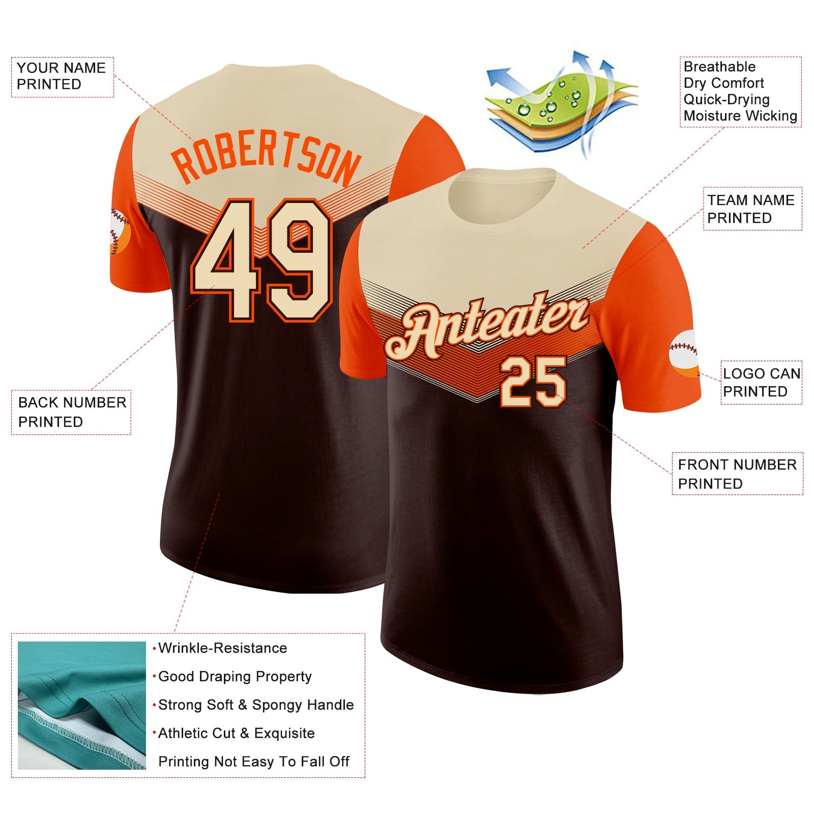 Custom Cream Brown-Orange Geometric V-Lines Color Block Performance T-Shirt view 2