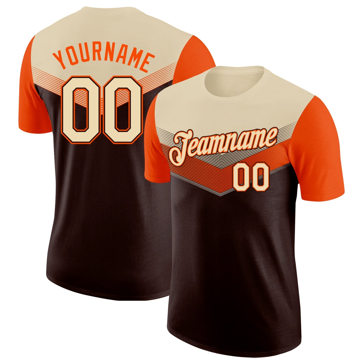 Custom Cream Brown-Orange Geometric V-Lines Color Block Performance T-Shirt - Main View