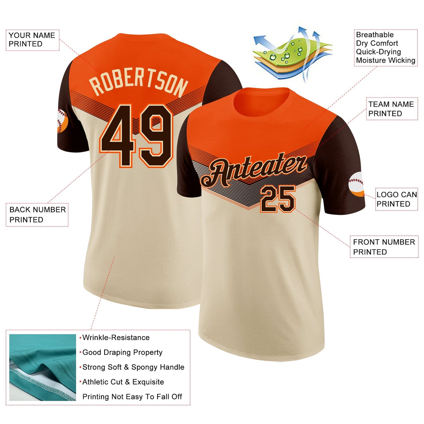 Custom Orange Brown-Cream Geometric V-Lines Color Block Performance T-Shirt view 2