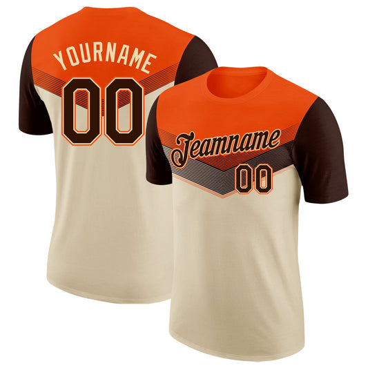Custom Orange Brown-Cream Geometric V-Lines Color Block Performance T-Shirt - Main View