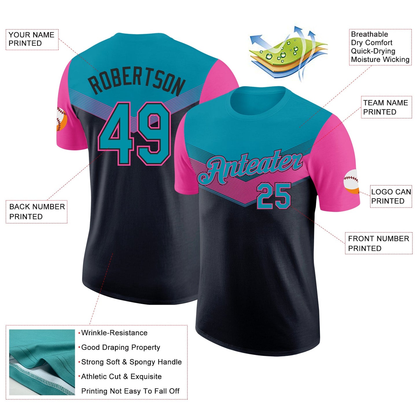 Custom Teal Black-Pink Geometric V-Lines Color Block Performance T-Shirt view 2