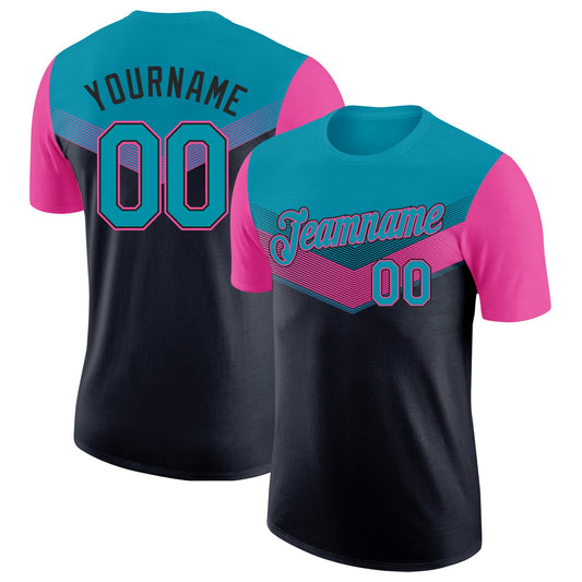 Custom Teal Black-Pink Geometric V-Lines Color Block Performance T-Shirt - Main View