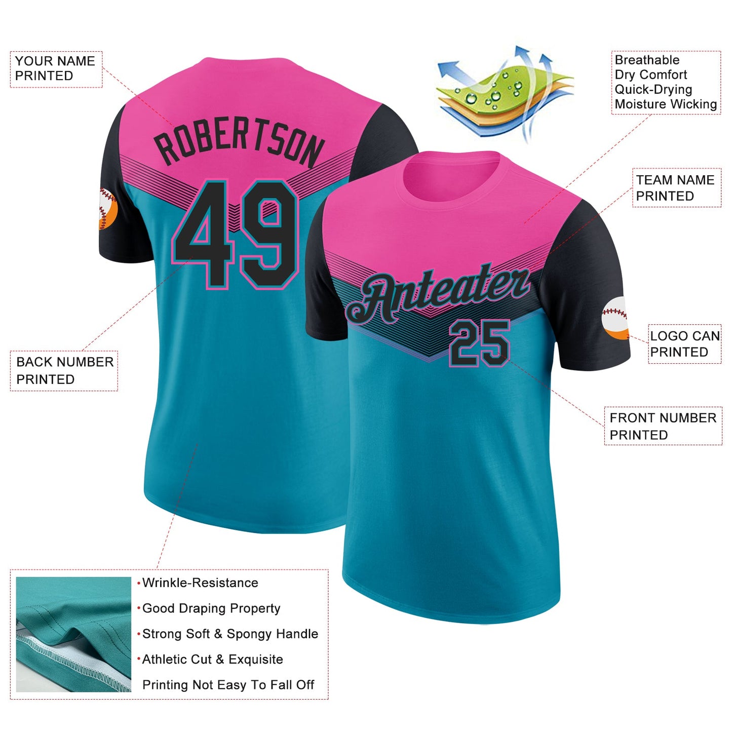 Custom Pink Black-Teal Geometric V-Lines Color Block Performance T-Shirt view 2
