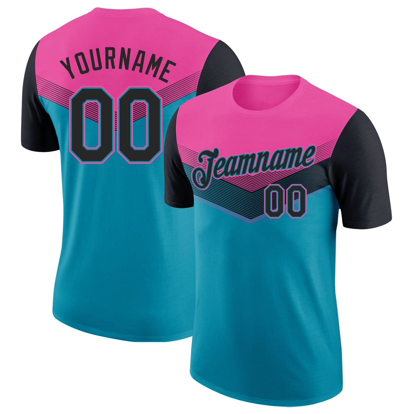 Custom Pink Black-Teal Geometric V-Lines Color Block Performance T-Shirt - Main View