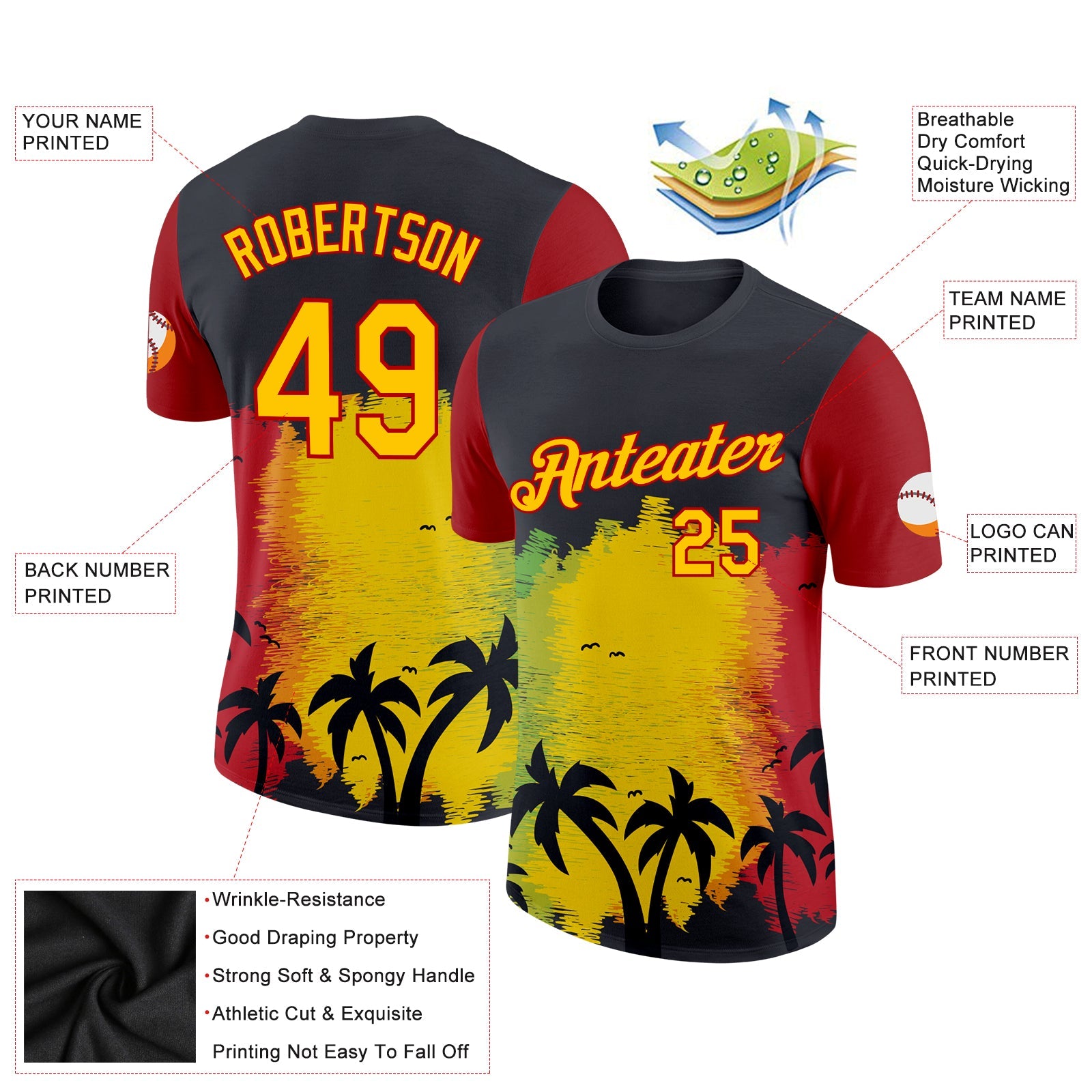 Custom Black Yellow-Red 3D Pattern Design Black History Month Hawaii Palm Trees Performance T-Shirt view 2