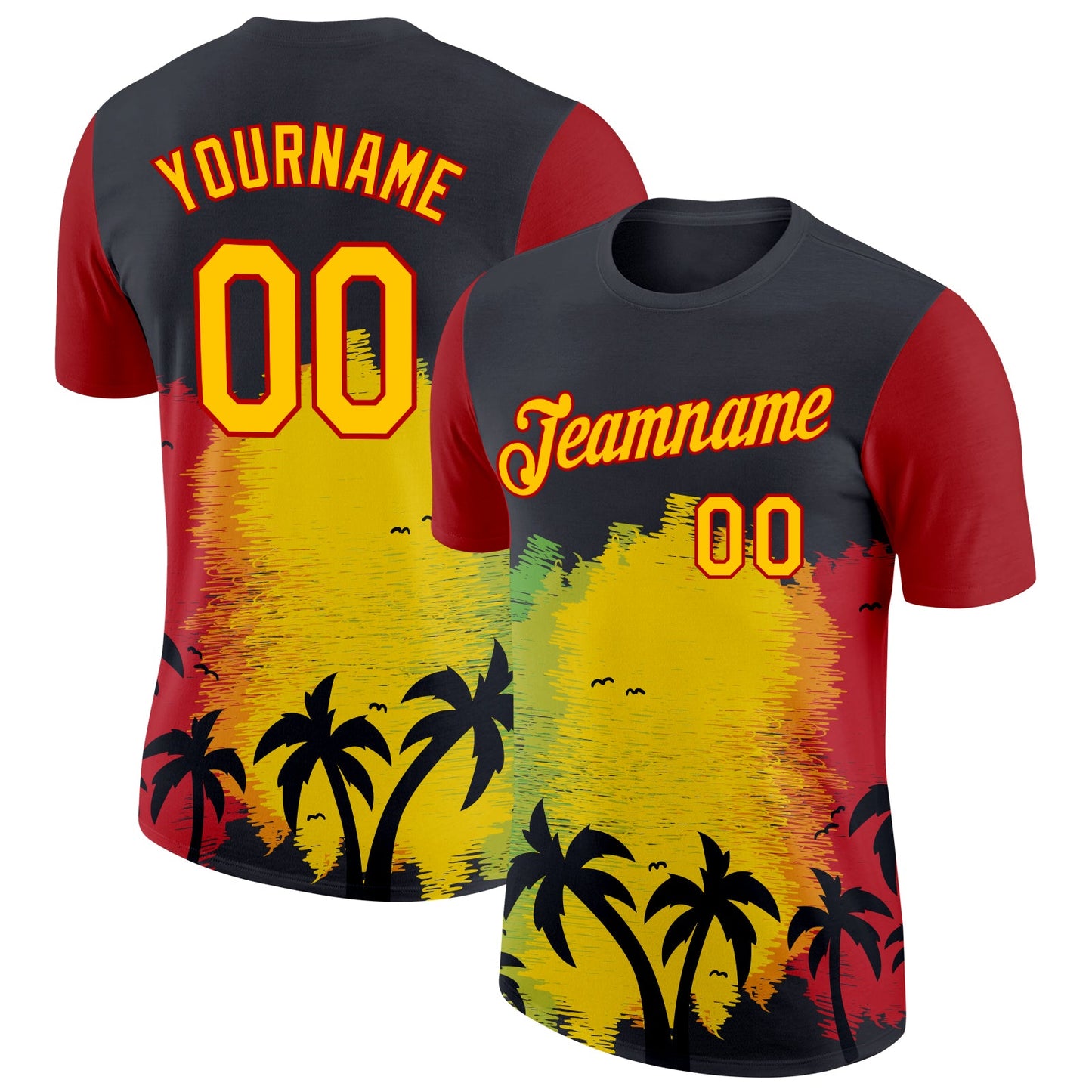 Custom Black Yellow-Red 3D Pattern Design Black History Month Hawaii Palm Trees Performance T-Shirt - Main View