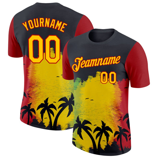 Custom Black Yellow-Red 3D Pattern Design Black History Month Hawaii Palm Trees Performance T-Shirt - Main View
