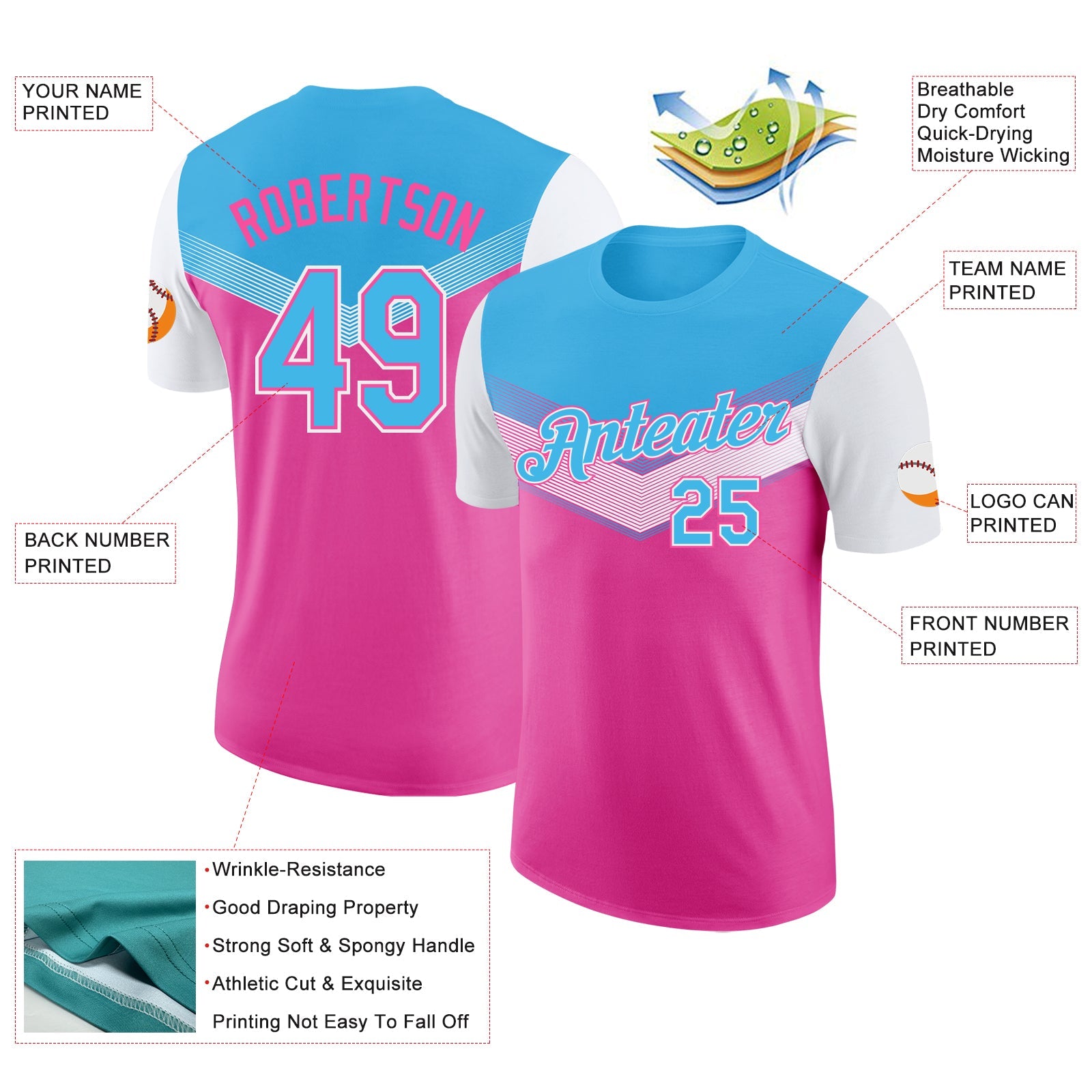Custom Sky Blue Pink-White Geometric V-Lines Color Block Performance T-Shirt view 2
