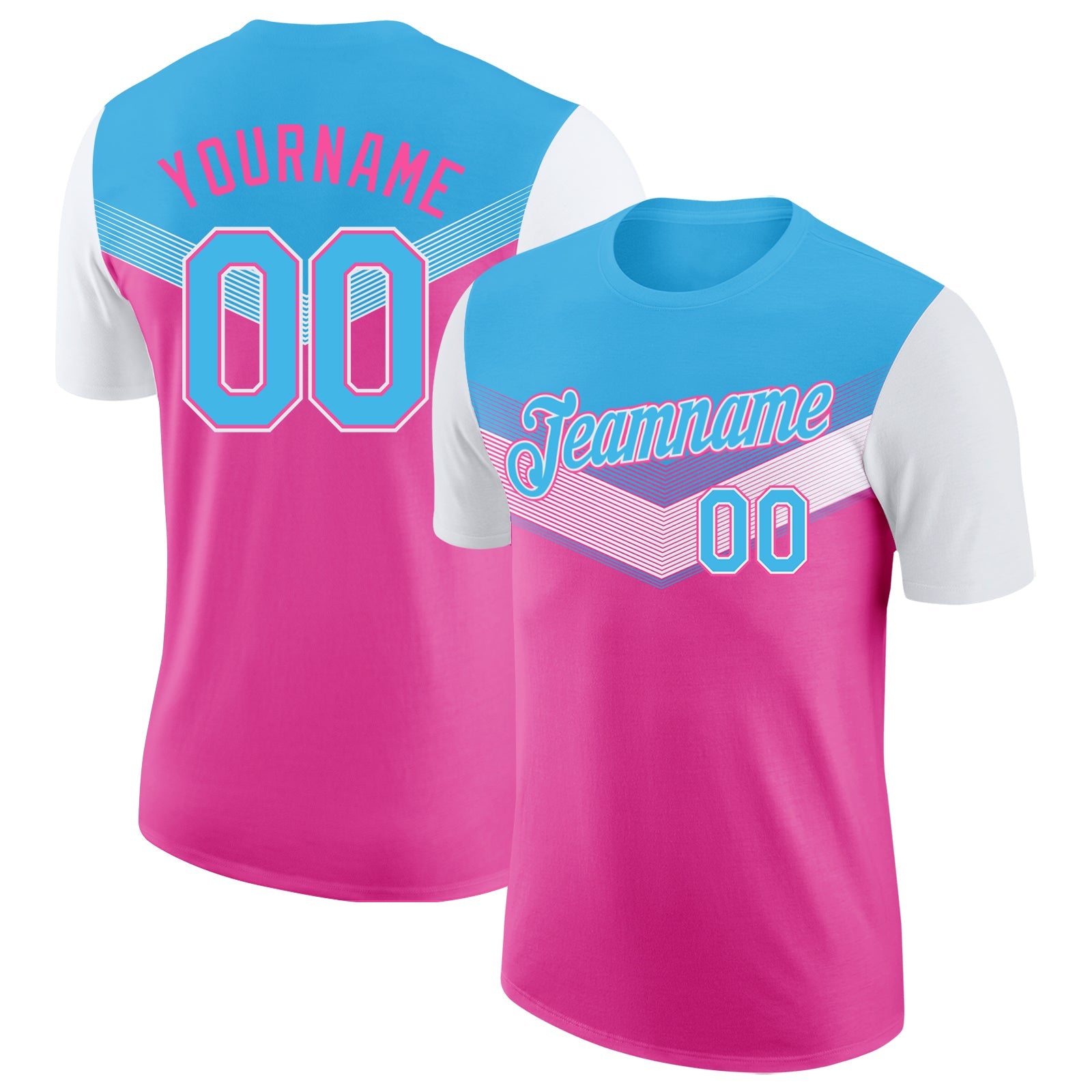 Custom Sky Blue Pink-White Geometric V-Lines Color Block Performance T-Shirt - Main View
