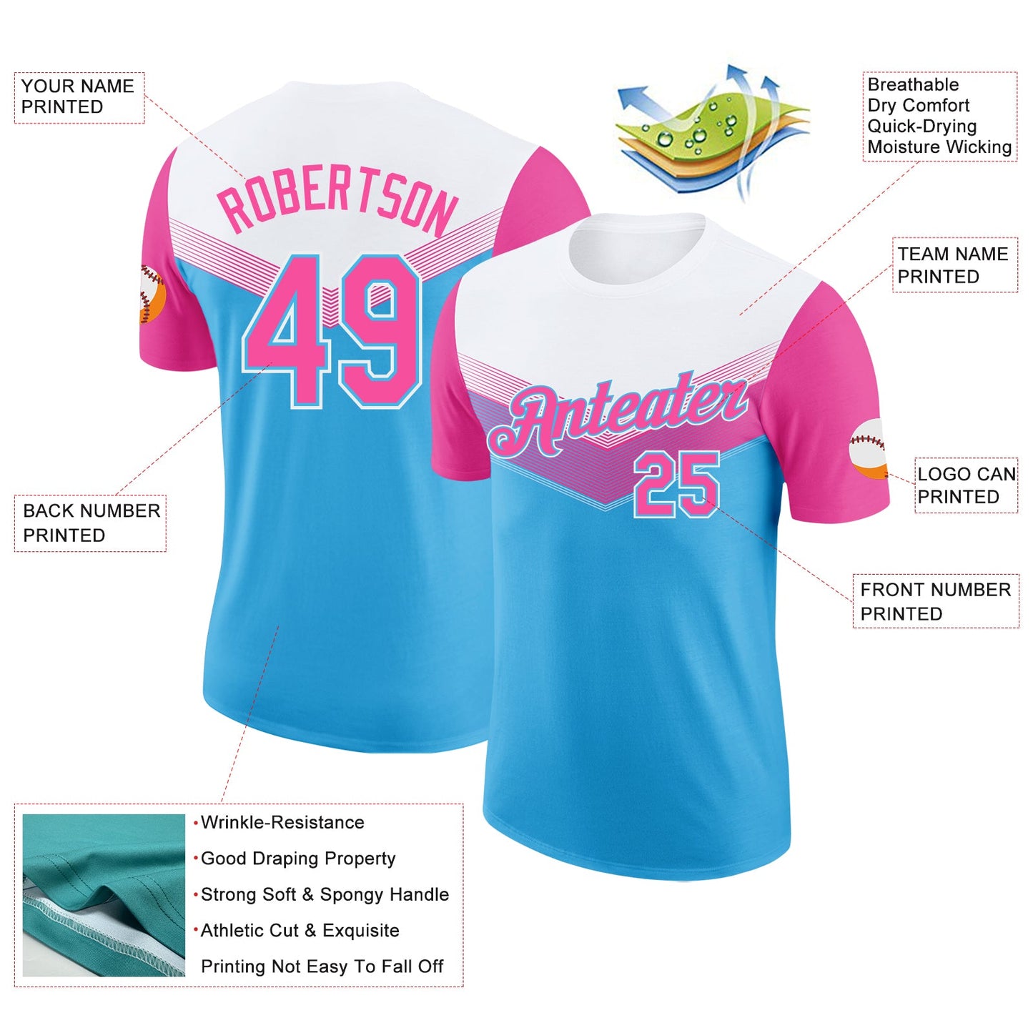 Custom White Pink-Sky Blue Geometric V-Lines Color Block Performance T-Shirt view 2