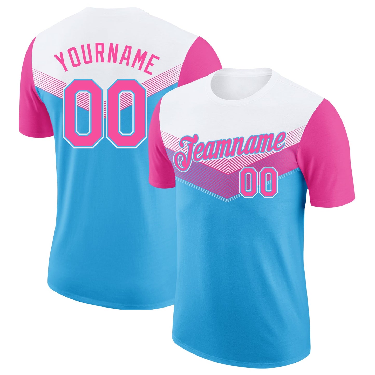 Custom White Pink-Sky Blue Geometric V-Lines Color Block Performance T-Shirt - Main View