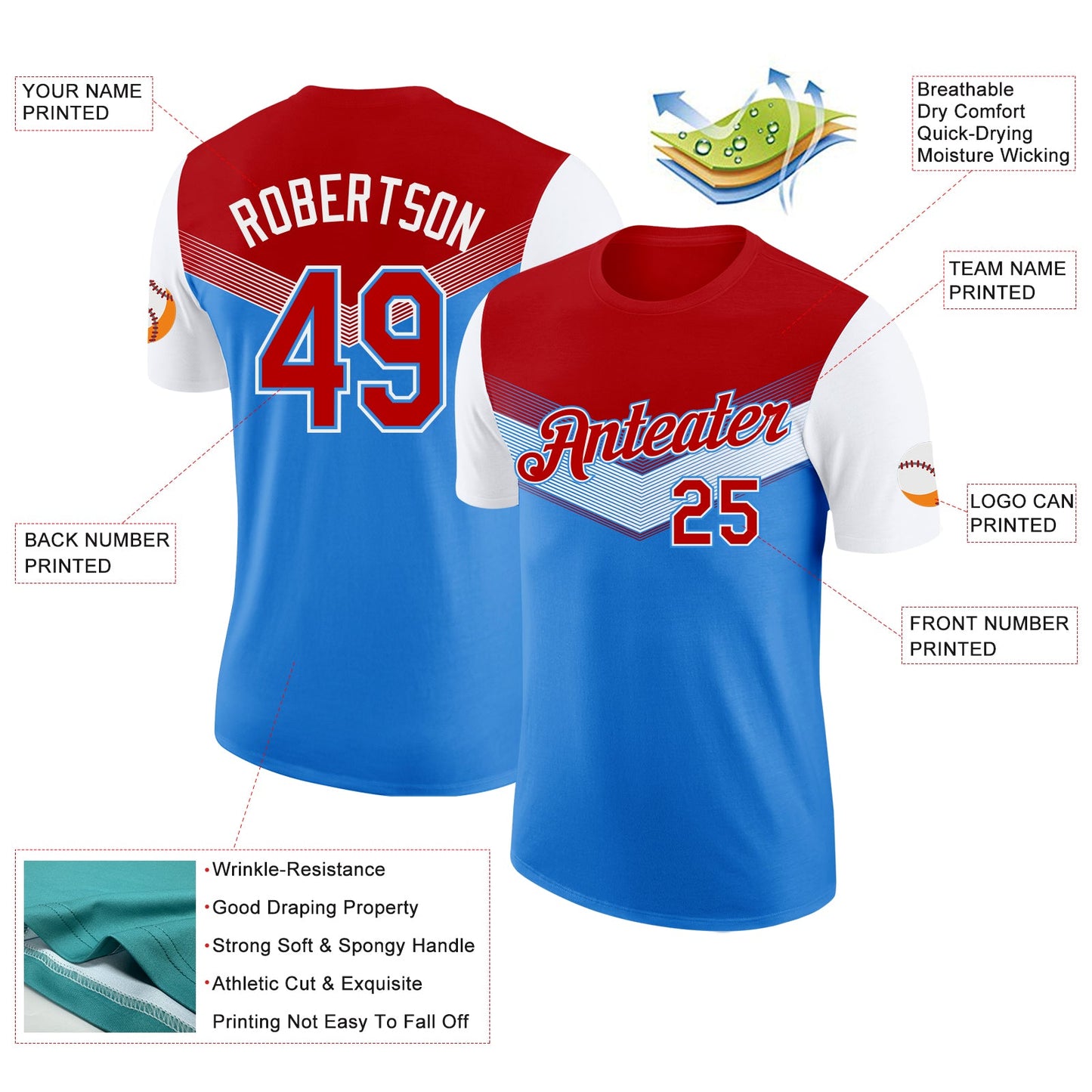 Custom Red Powder Blue-White Geometric V-Lines Color Block Performance T-Shirt view 2