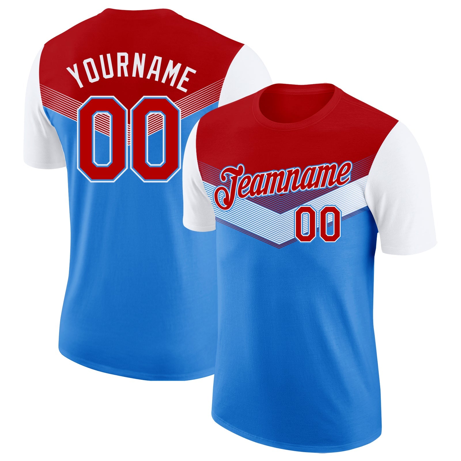 Custom Red Powder Blue-White Geometric V-Lines Color Block Performance T-Shirt - Main View