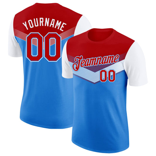 Custom Red Powder Blue-White Geometric V-Lines Color Block Performance T-Shirt - Main View