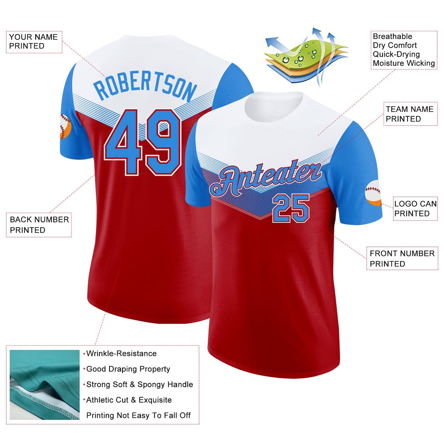 Custom White Powder Blue-Red Geometric V-Lines Color Block Performance T-Shirt view 2